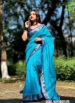 Sky Blue Cotton Saree - Mayaboti - Image 3