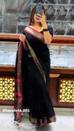 Black Cotton Saree  - Charulota - Image 2