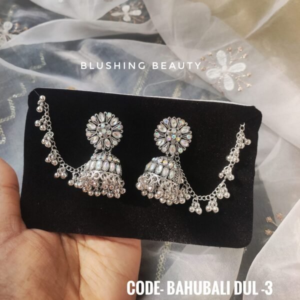 Royal Bahubali Oxidized Silver Jhumka with Ear Chain