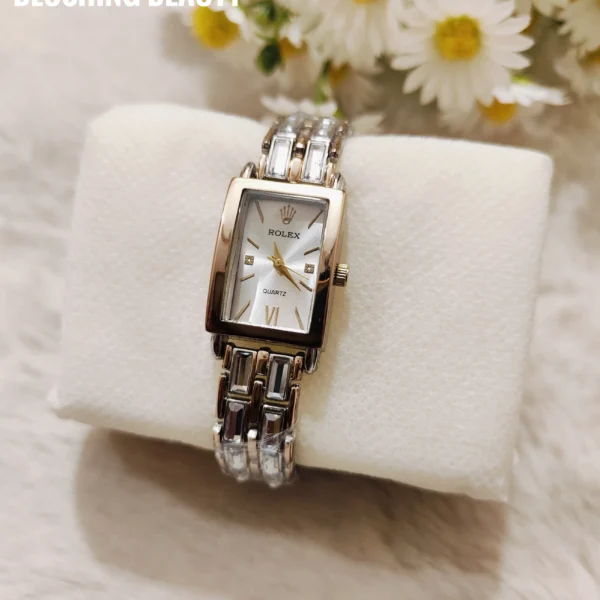 Silver-Tone Rectangular Bracelet Watch with Sparkling Crystals - 1019