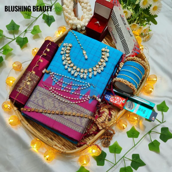 Sky-Blue Premium Maslais Cotton Saree Package – Moharani