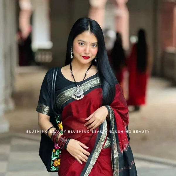 Maroon Premium Maslais Cotton Saree – Moharani 504