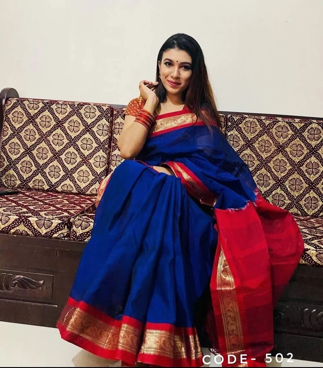 IMG_9185-01 (1)_resized Blue Premium Maslais Cotton Saree – Moharani - Image 1