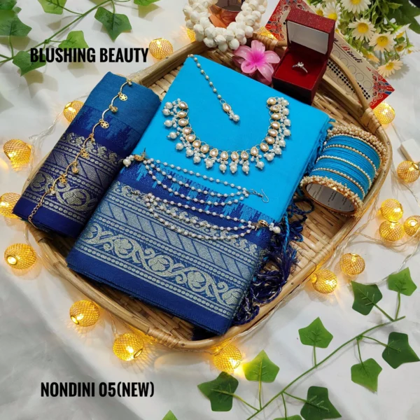 Sky-Blue Colour Cotton Saree Package – Nondini 05 (new)