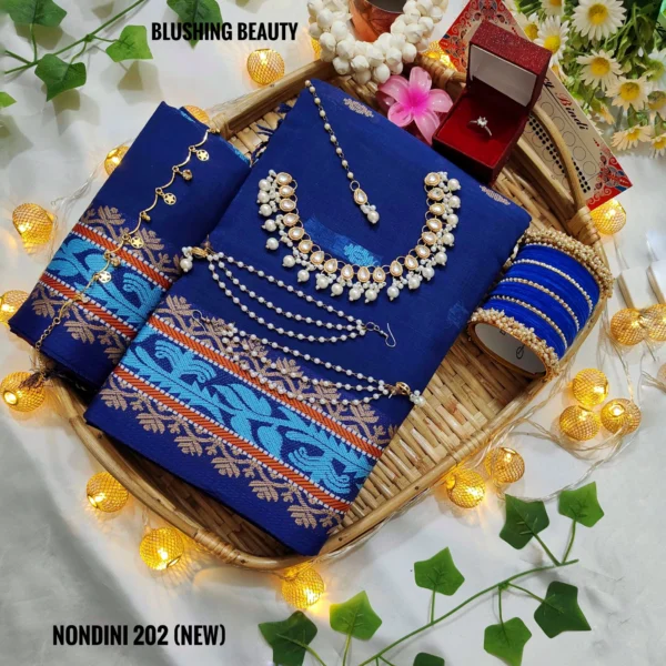Navy Blue Colour Cotton Saree Package – Nondini 202 (new)