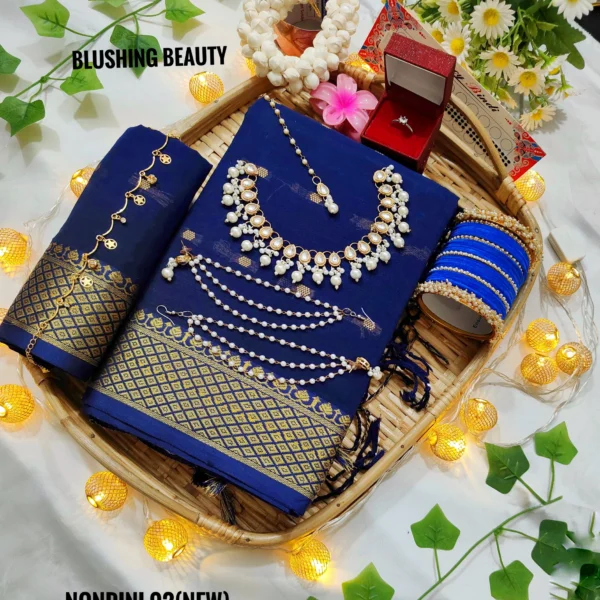 Navi Blue Colour Cotton Saree Package – Nondini 02 (new)