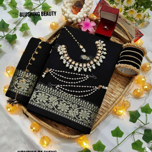 Black Colour Cotton Saree Package – nondini 01(new)