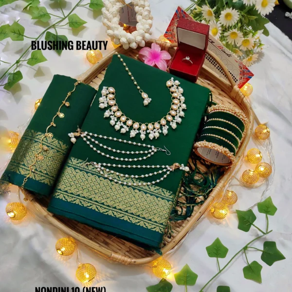 Green Colour Cotton Saree Package – nondini 10 (new)
