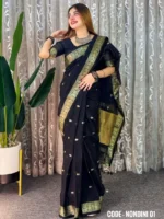 Black Cotton Saree - Nondini - Image 3