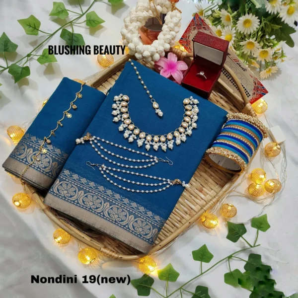 Sea-Blue Colour Cotton Saree Package – Nondini 19 (new)