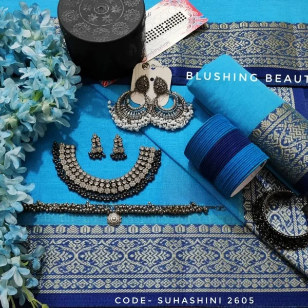 2605 - Sky-Blue Cotton Saree Package – Suhashini