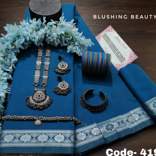 Sea-Blue Cotton Saree Package- Mayaboti - 419