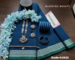Sea-Blue Cotton Saree Package- Mayaboti - 419(2)