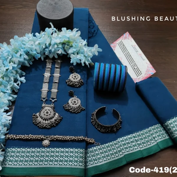 Sea-Blue Cotton Saree Package- Mayaboti - 419(2)