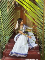 White and Blue / Pure Arong Cotton Saree  – Nondini 109 - Image 3