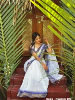 White and Blue / Pure Arong Cotton Saree  – Nondini 109