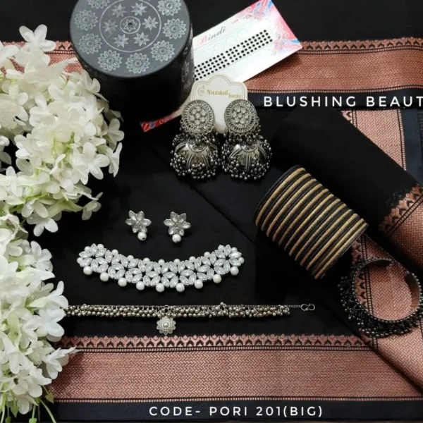 Black Cotton Saree Package - Pori 201